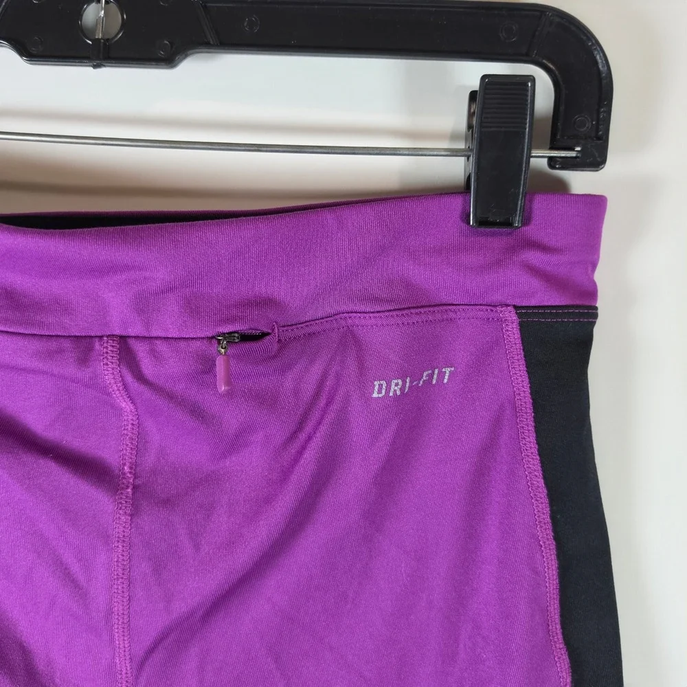 Nike Dri-FIT Womens Purple Black Cropped Running Leggings Zipper Pocket Size‎ S
